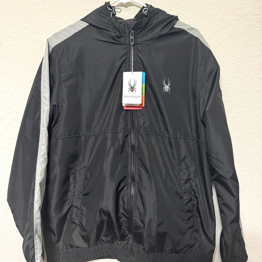 Spyder Charcoal Windbreaker with Hood and Water-Resistant Material